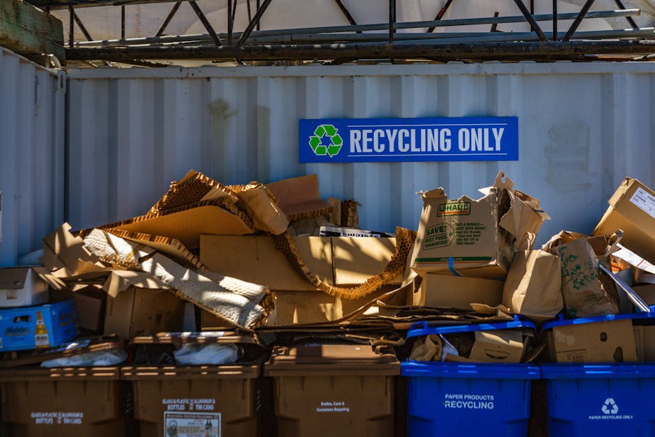 A collection of flattened and crumpled cardboard boxes, some with tear marks and corrugated textures, stacked irregularly against a white metal wall with visible rivets and panels. The boxes vary in size, with some leaning on each other and others spilling over the edges of nearby blue and brown recycling bins labeled for paper recycling. Behind the pile, a bright blue sign reading 'RECYCLING ONLY' is mounted on the wall, featuring a green recycling symbol. Above the scene, part of a metal framework or scaffolding casts shadows on the wall, indicating an outdoor setting under natural daylight. The overall environment suggests an area designated for the collection of recyclable cardboard and paper waste, consistent with independent waste disposal and rubbish management services such as those offered by Waste Disposal Brixton.